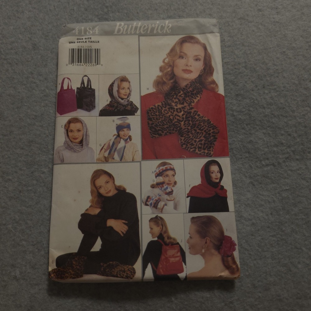 Butterick 4184 Accessories Pattern Scarf Tote‎ Bag Backpack Slippers UNCUT 1995